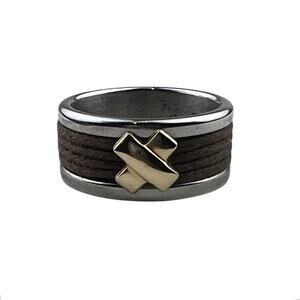 Stainless Steel & 14K Yellow Gold X Brown Cord Band Ring Size 8